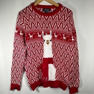 33Degrees Size Small Red White Ugly Christmas Sweater Fuzzy Llama w/scarf